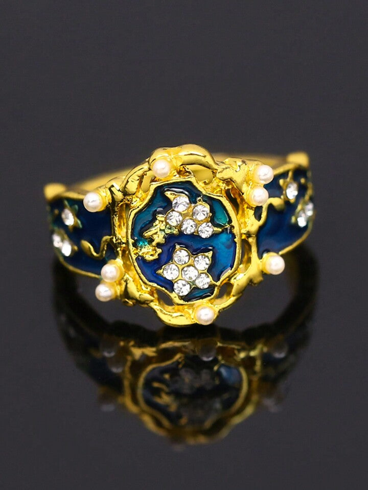 Handmade Vintage Blue Enamel Flower Gold Art Deco Ring