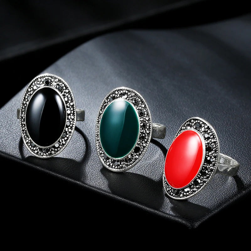 Green Oval Enamel Antique Tibetan Silver Gray Crystal Ring