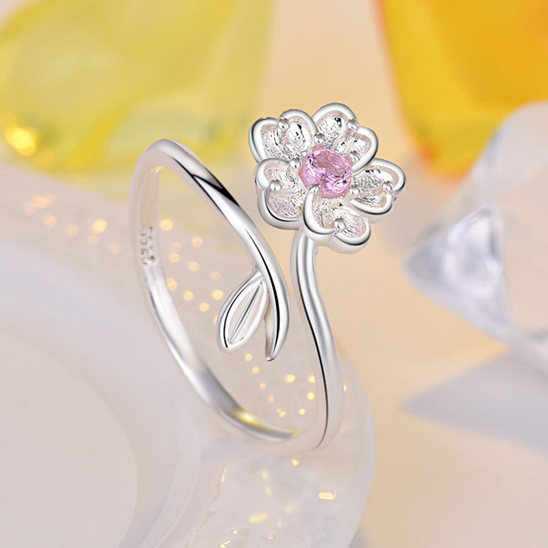 Sterling Silver Pink Flower Open Sakura Ring