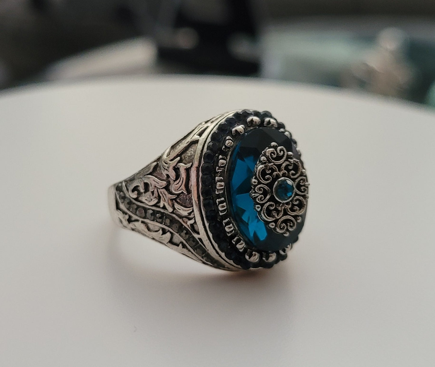 Vintage Blue Ancient Middle East Arabic Style Men's Retro Silver Ring