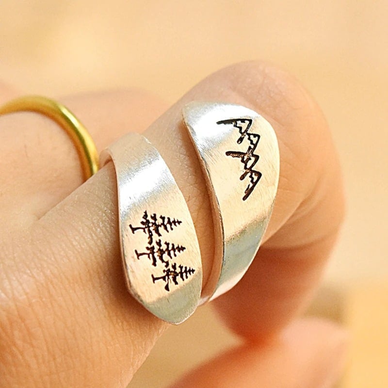 Engraved Wide Mountain Peak Open Silver Ring