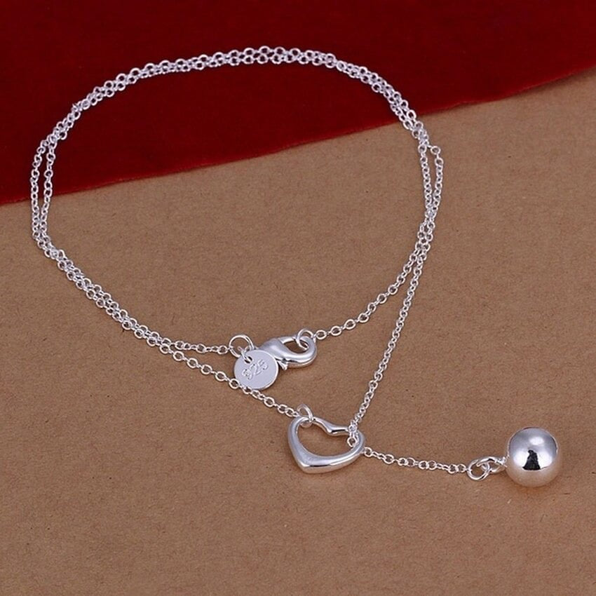 Sterling Silver Open Heart Ball Pendant Charms Necklace