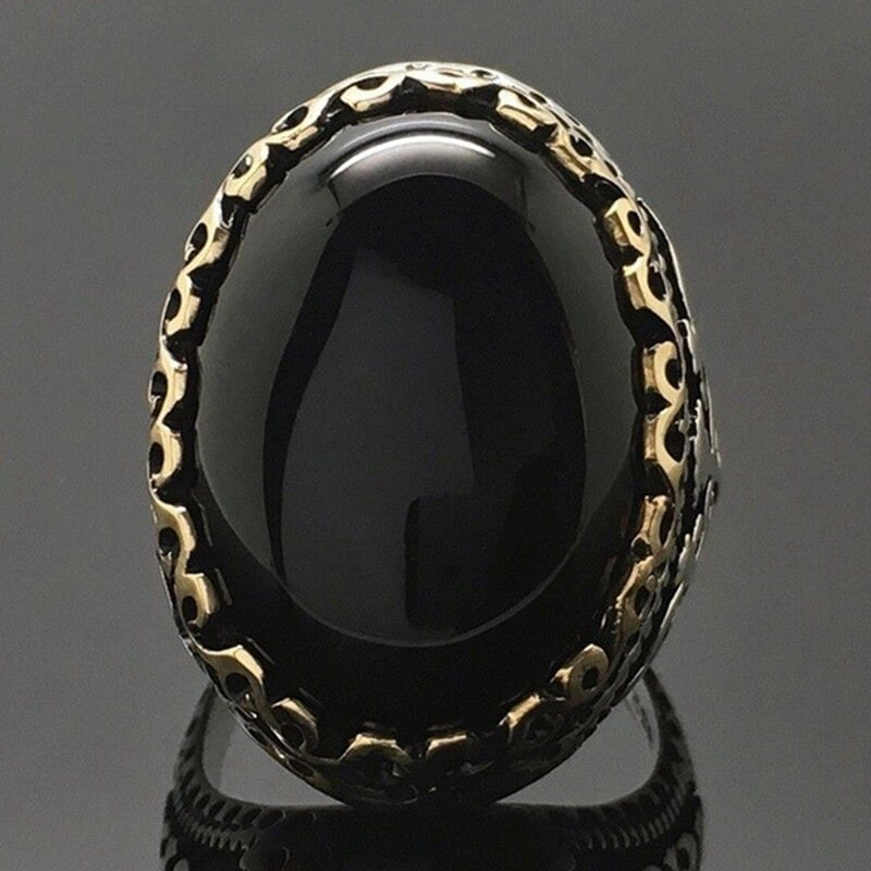 Men's Black Oval Gemstone Two Tone Ethnic Ring