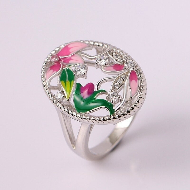 Handmade Lotus Blossom Enamel Flower Leaf Hollow Out Silver Ring