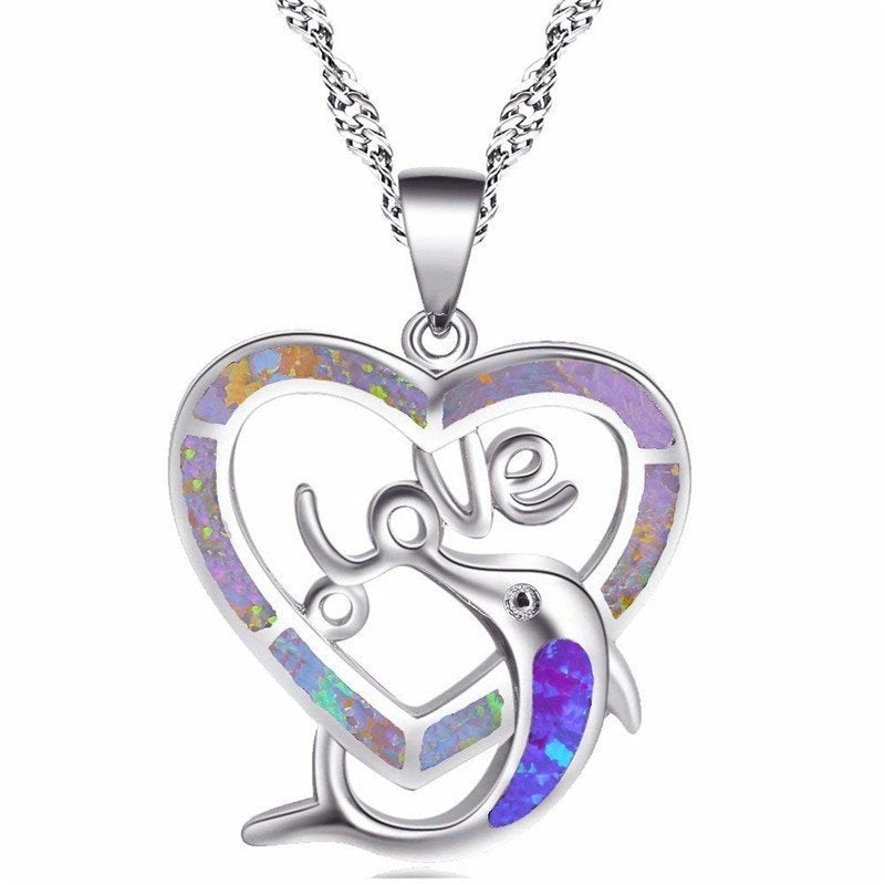 Love Dolphin Heart Pendant Purple Opal Necklace