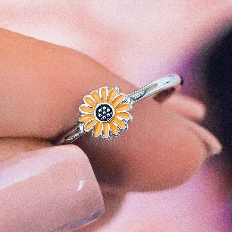 Sunflower Flower Trendy Floral Silver Ring