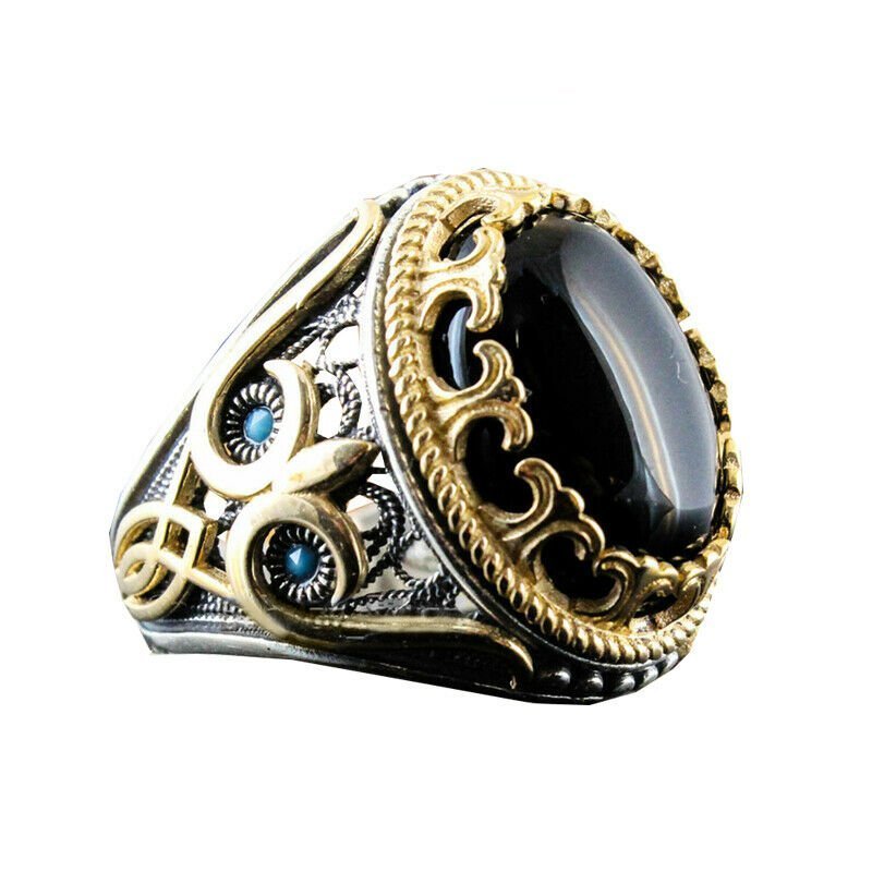 Men's Turkish Handmade Two Tone Black Zircon Vintage Ring