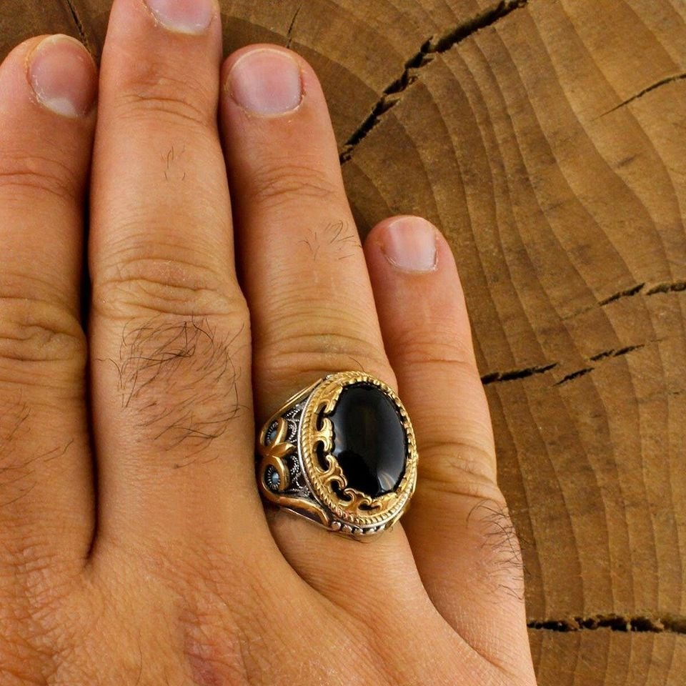 Men's Turkish Handmade Two Tone Black Zircon Vintage Ring