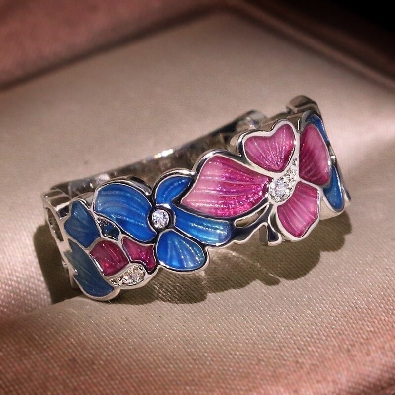 Colorful Butterfly Flower Multicolor Floral Enamel Silver Ring