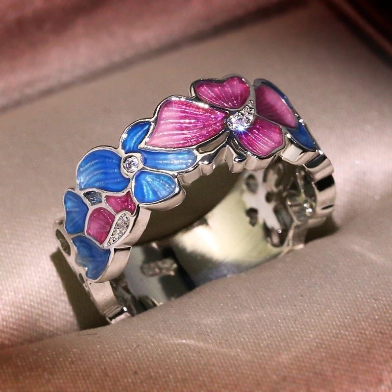 Colorful Butterfly Flower Multicolor Floral Enamel Silver Ring
