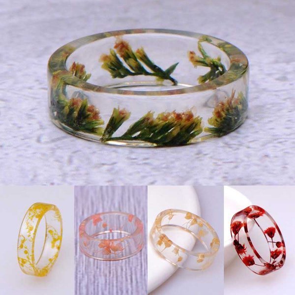 Dried Green Grass Epoxy Transparent Resin Ring