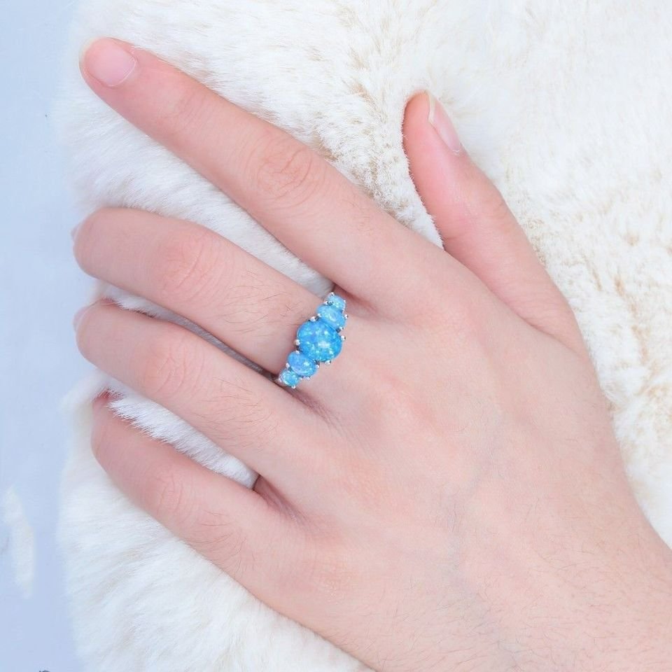 5 Blue Fire Opal Silver Cluster Multi-Stone Ring