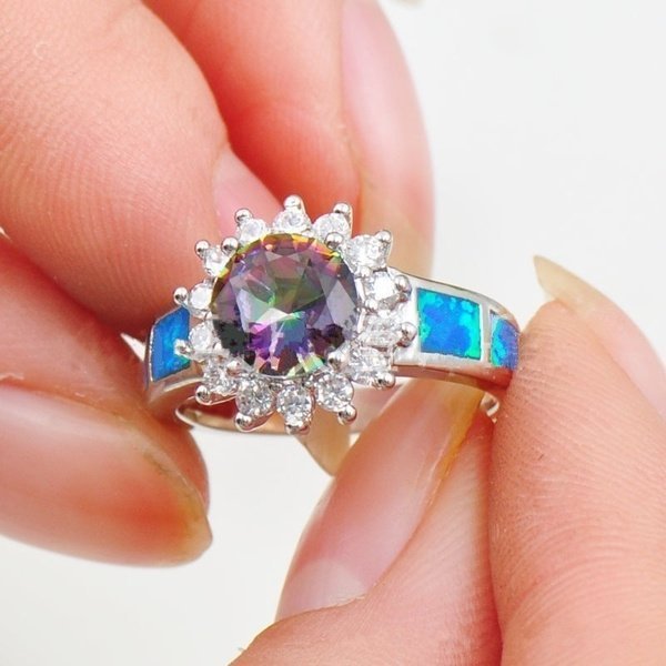 Blue Fire Opal & Round Mystical Topaz Ring