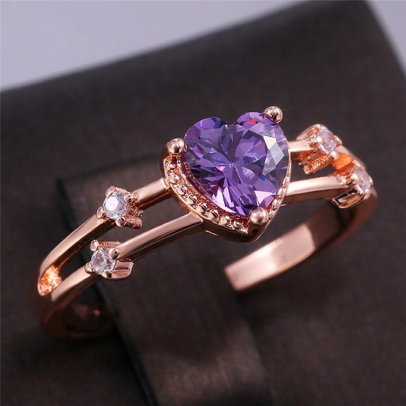 Sterling Silver Rose Gold Inlaid Purple Heart-Shape Ring