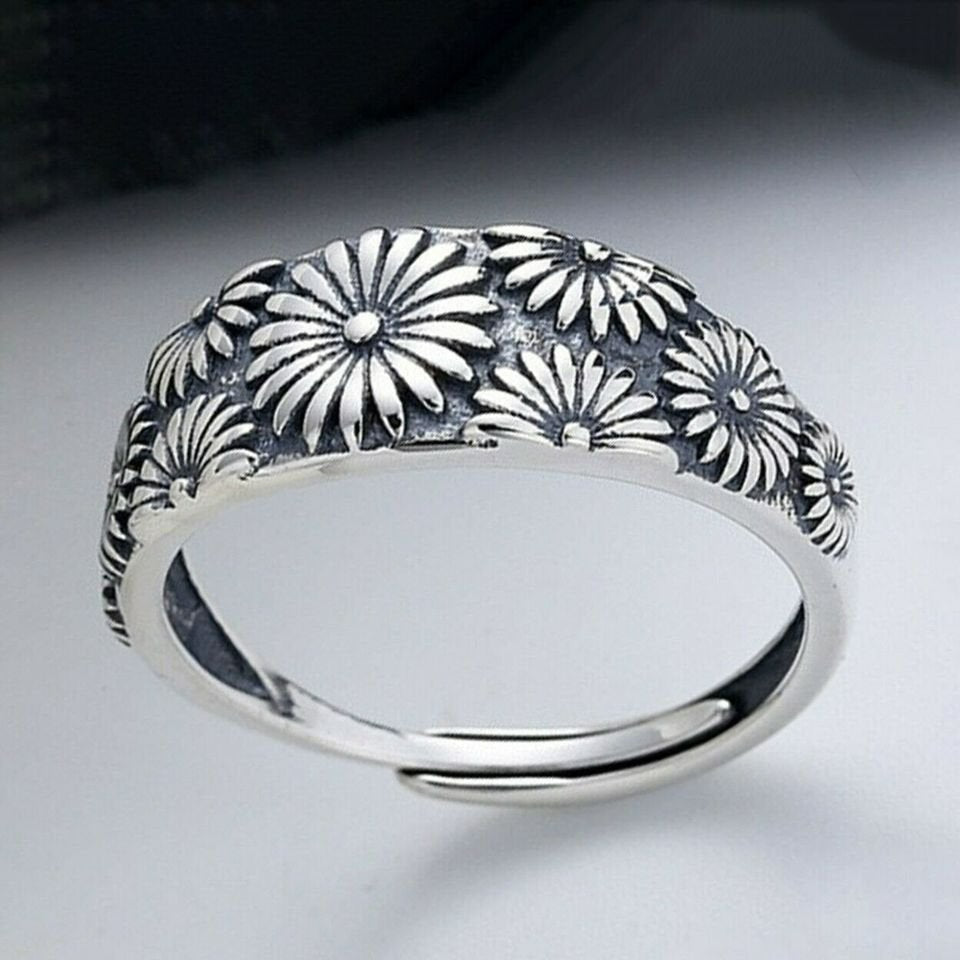 Vintage Engraved Daisy Flower Open Silver Ring