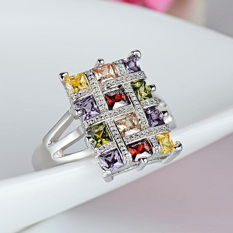 Colorful Multicolor Garnet Topaz Silver Geometric Ring