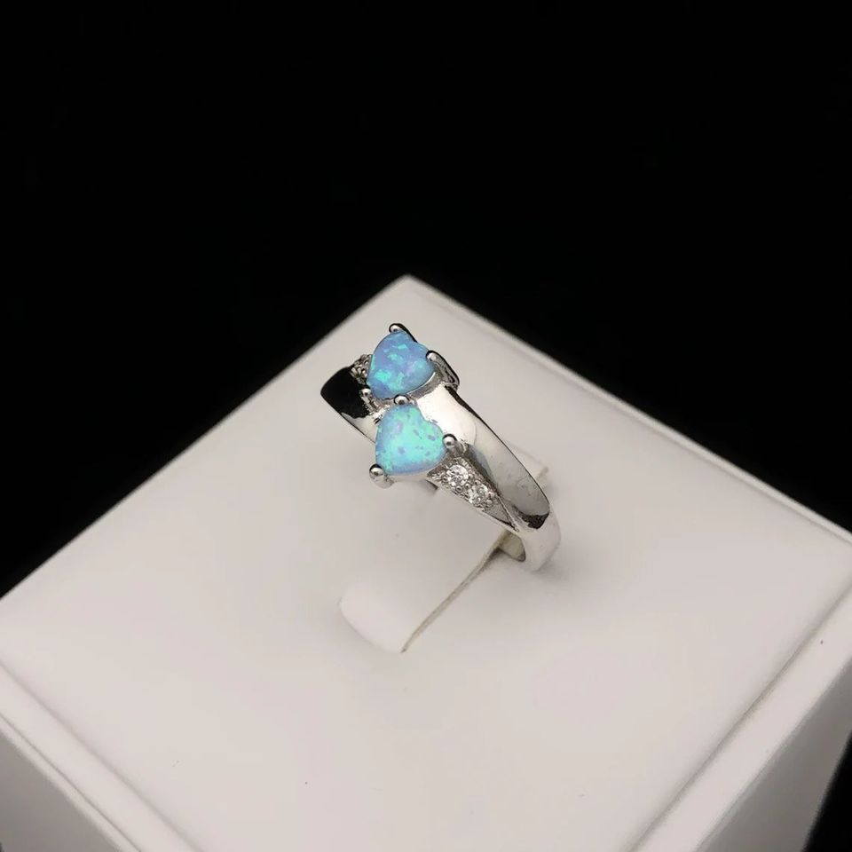 Blue Fire Opal Double Heart Silver Ring