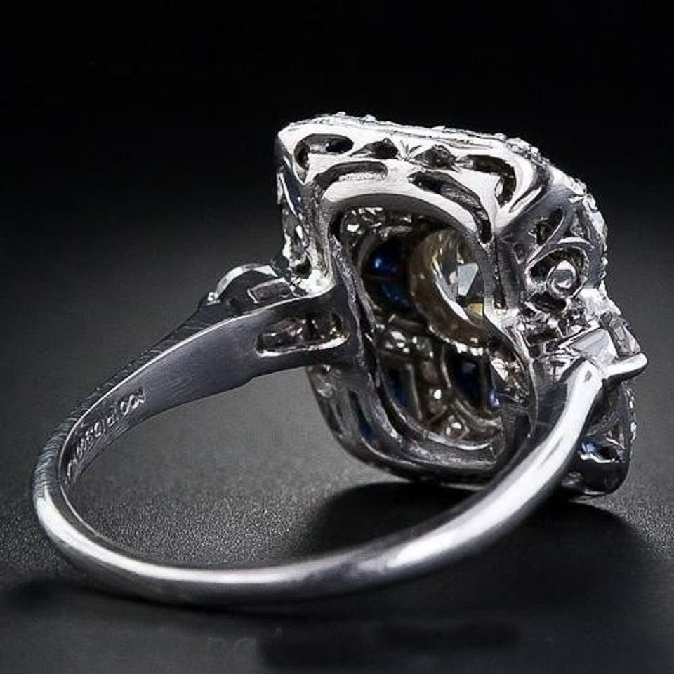 925 Sterling Silver Blue Geometric Art Deco Ring
