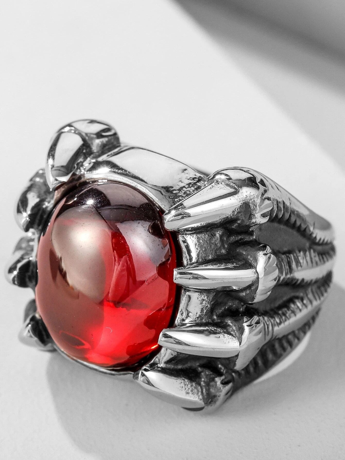 Retro Punk Dragon Claw Huge Red Stone Gothic Ring