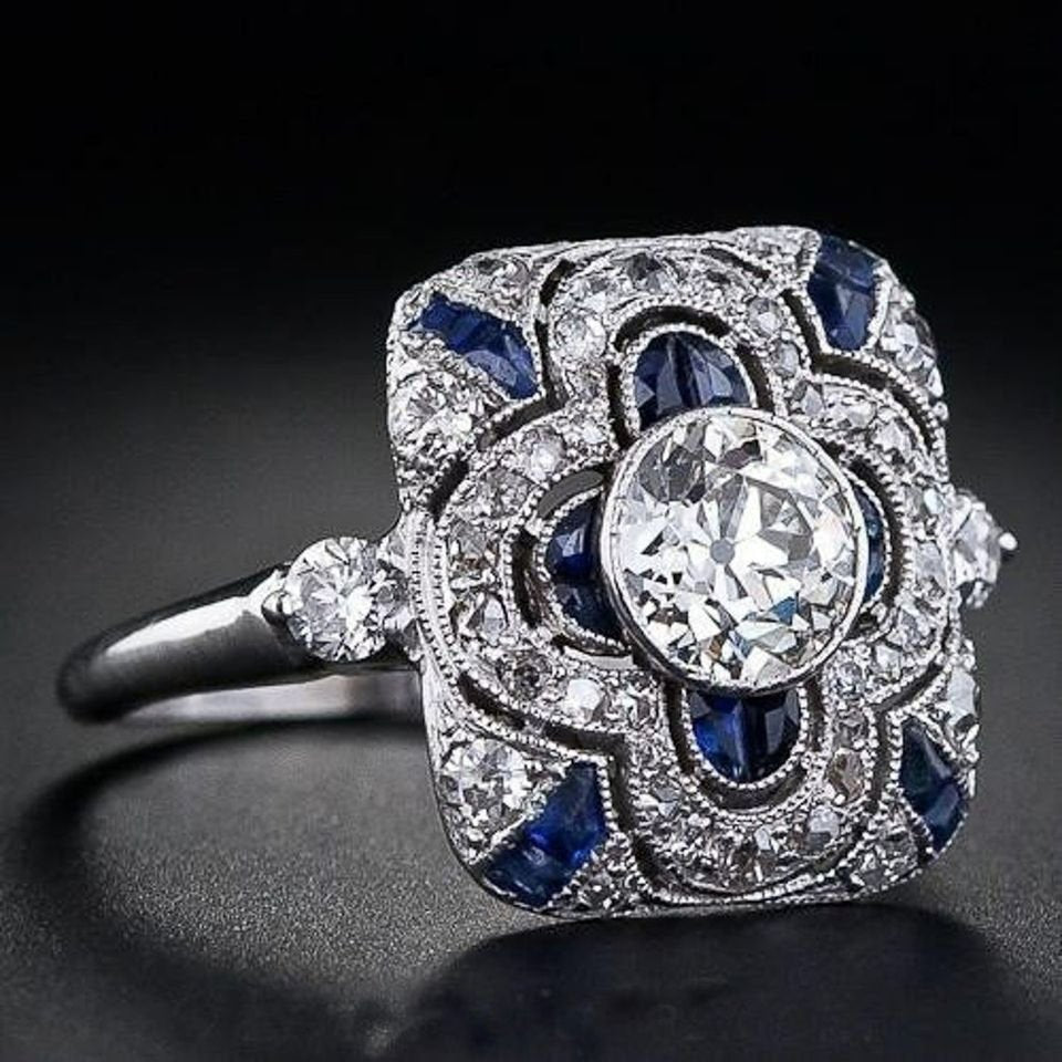925 Sterling Silver Blue Geometric Art Deco Ring