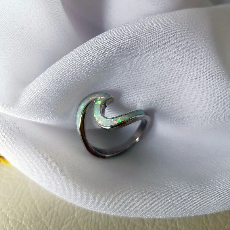 Unique White Opal Wave Silver Ring
