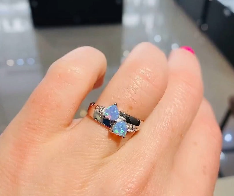 Blue Fire Opal Double Heart Silver Ring