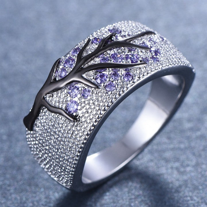925 Sterling Silver Purple Tree Branch Leaves Blossom Ring