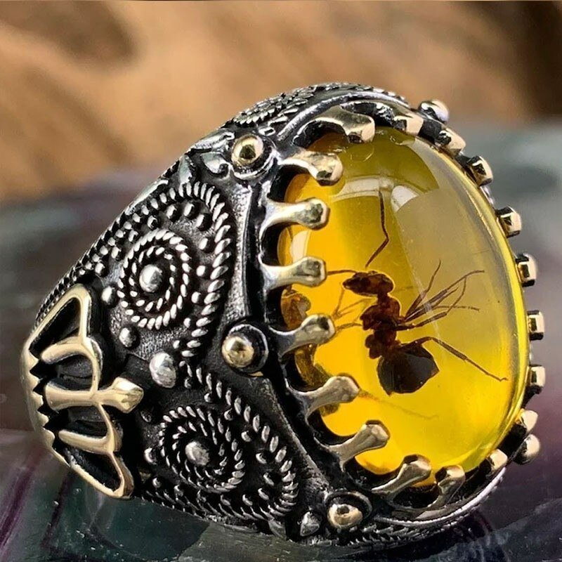 Men's Royal King Crown Amber Ant Fossil Insect Two Tone Ring