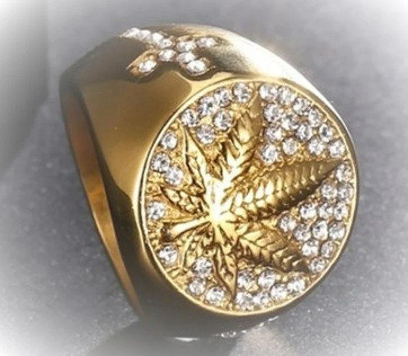 Round Cross Maple Leaf Gold Signet Ring