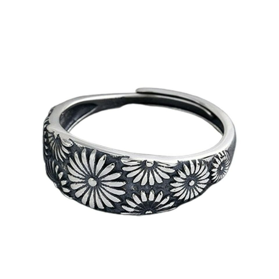 Vintage Engraved Daisy Flower Open Silver Ring