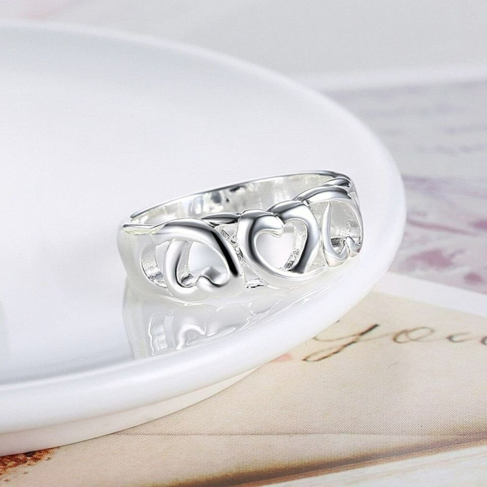 925 Sterling Silver Hollow Three Hearts Ring