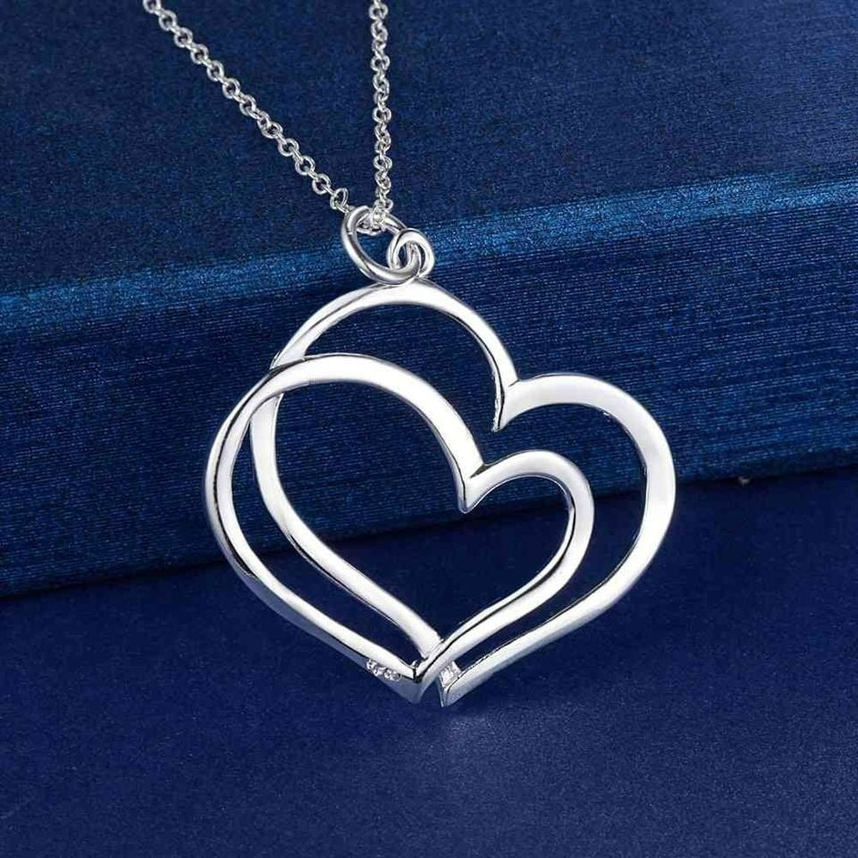 925 Sterling Silver Double Heart Necklace & Chain