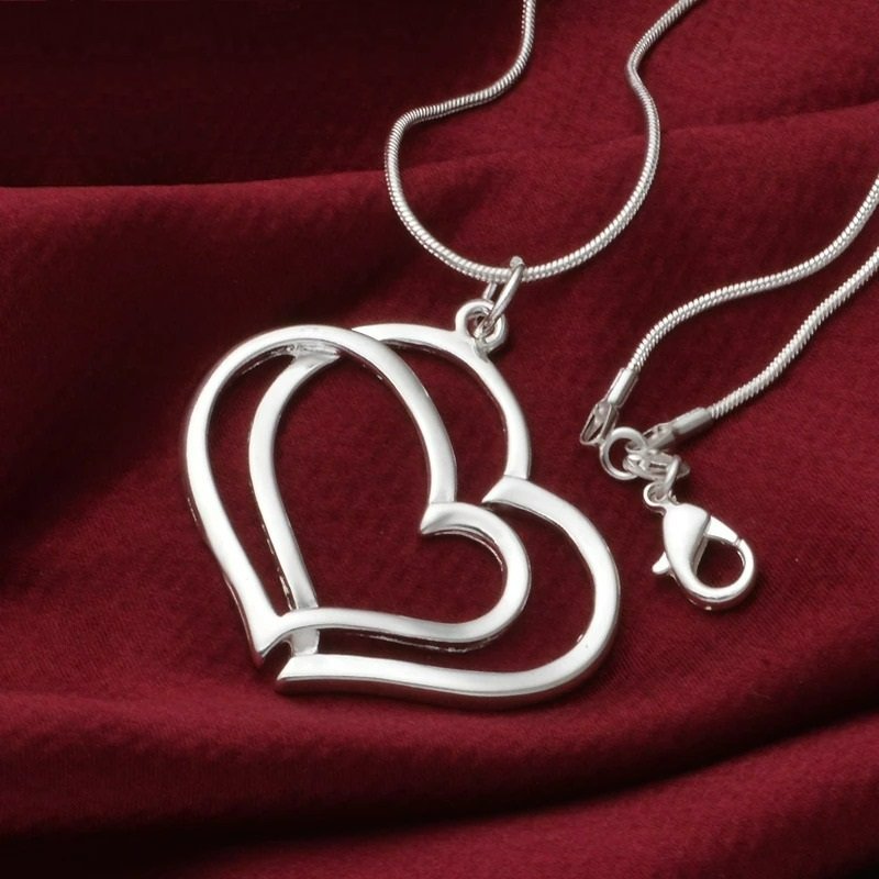925 Sterling Silver Double Heart Necklace & Chain