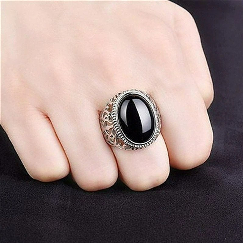 Men's 925 Sterling Silver Black Onyx Hollow Geometric Open Ring