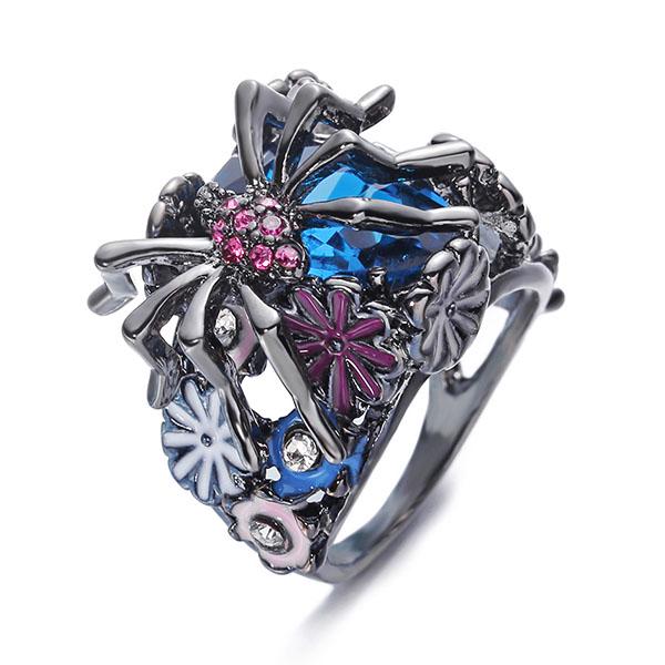 Handmade Wicked Spider Blue Crystal Flower Ring