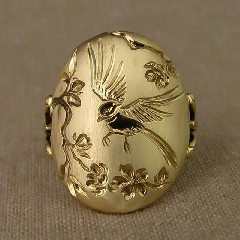 Oval Carving Golden Bird Spring Swallow Engraving Flower Ring