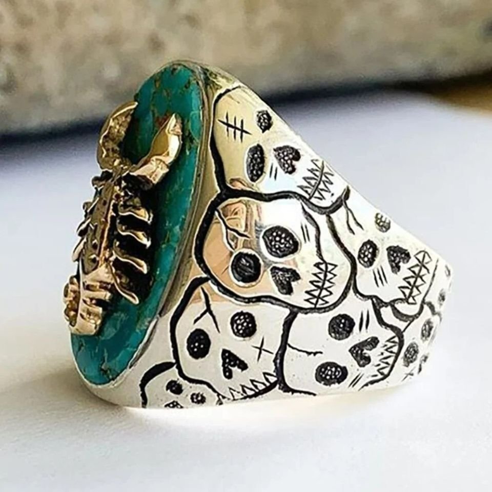 Vintage Engraved Skull Scorpion Turquoise Antique Silver Ring