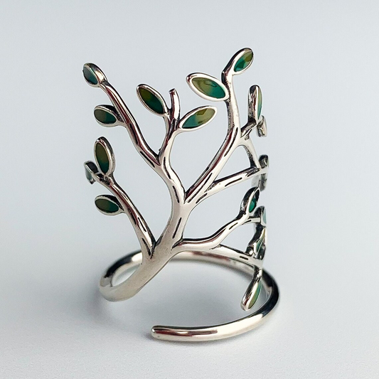 Vintage Olive Tree Branch Green Leaves Vine Open Silver Ring