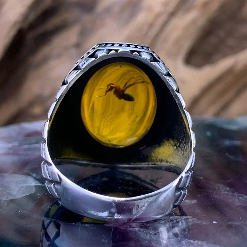 Men's Vintage Inlaid Yellow Amber Ant Fossil Silver Ring