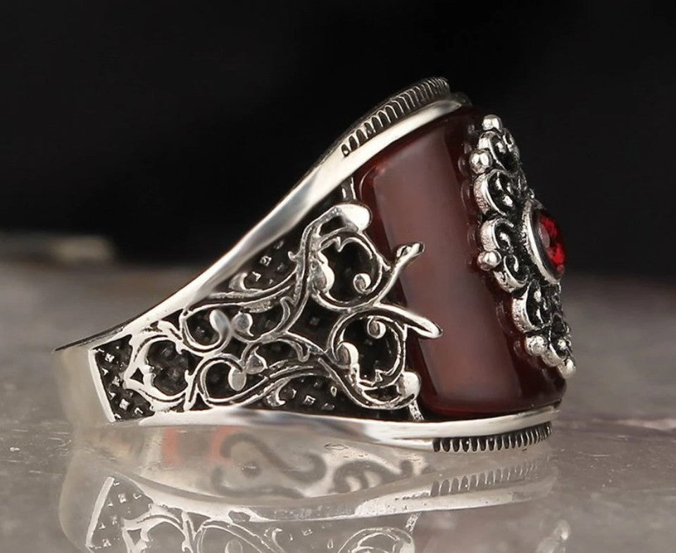 Men's Handmade Red Agate Stone Silver Ring