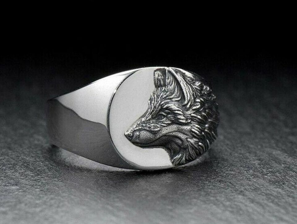 925 Sterling Silver Vintage Carved Wolf Head Retro Ring