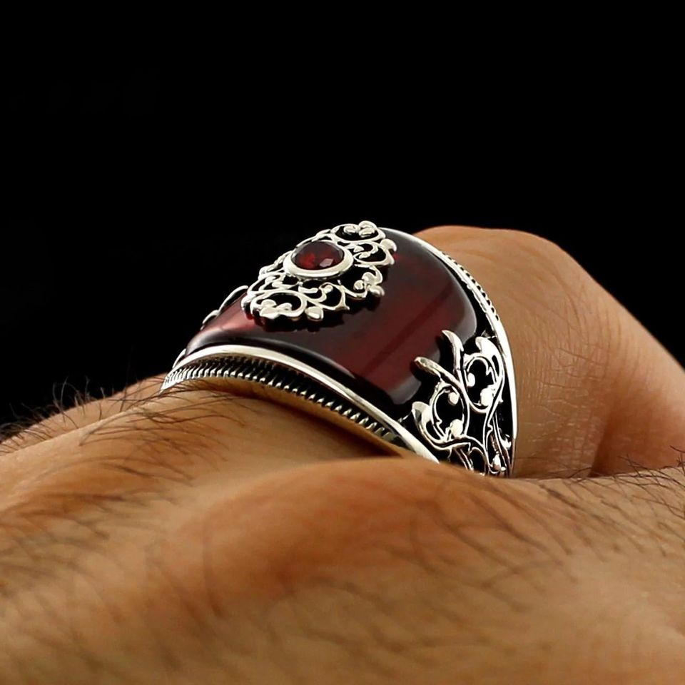 Men's Handmade Red Agate Stone Silver Ring