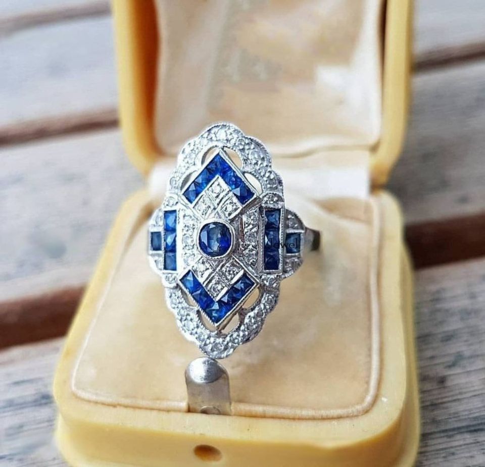 Vintage Blue Sapphire European Silver Art Deco Ring