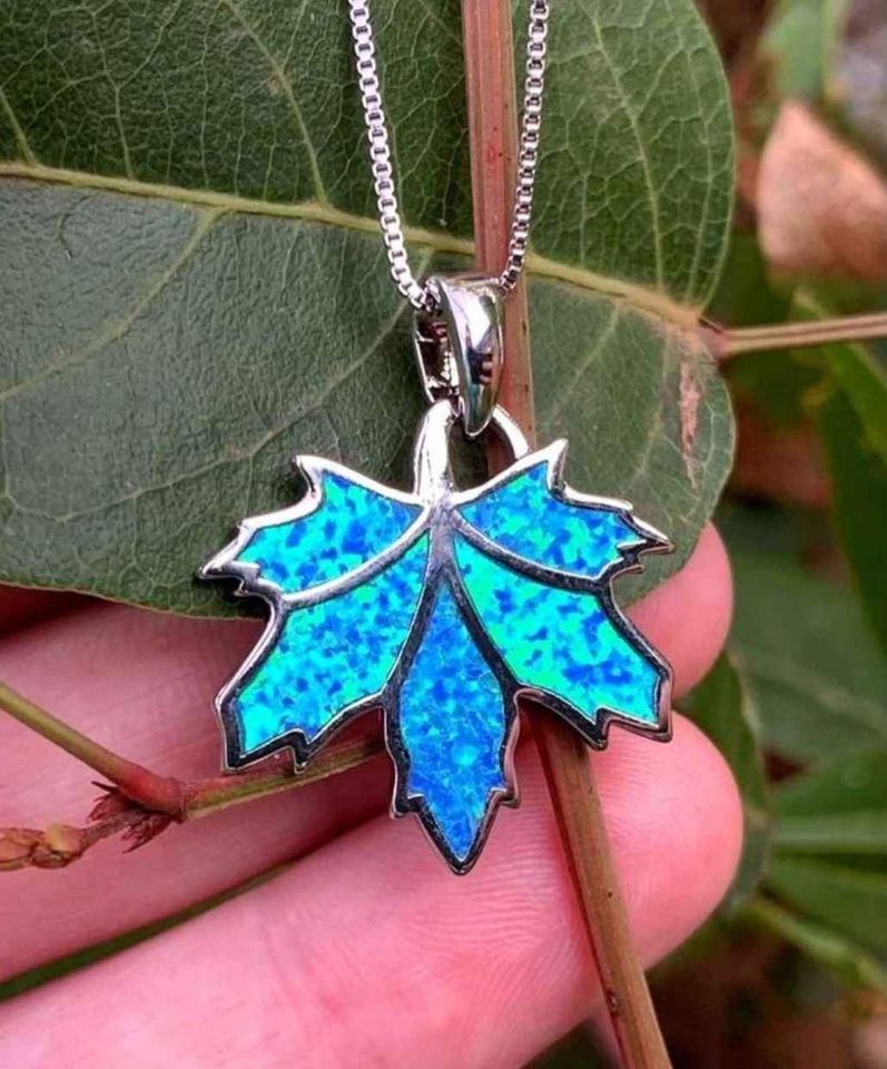 Blue Opal Maple Leaf Pendant Silver Nature Necklace