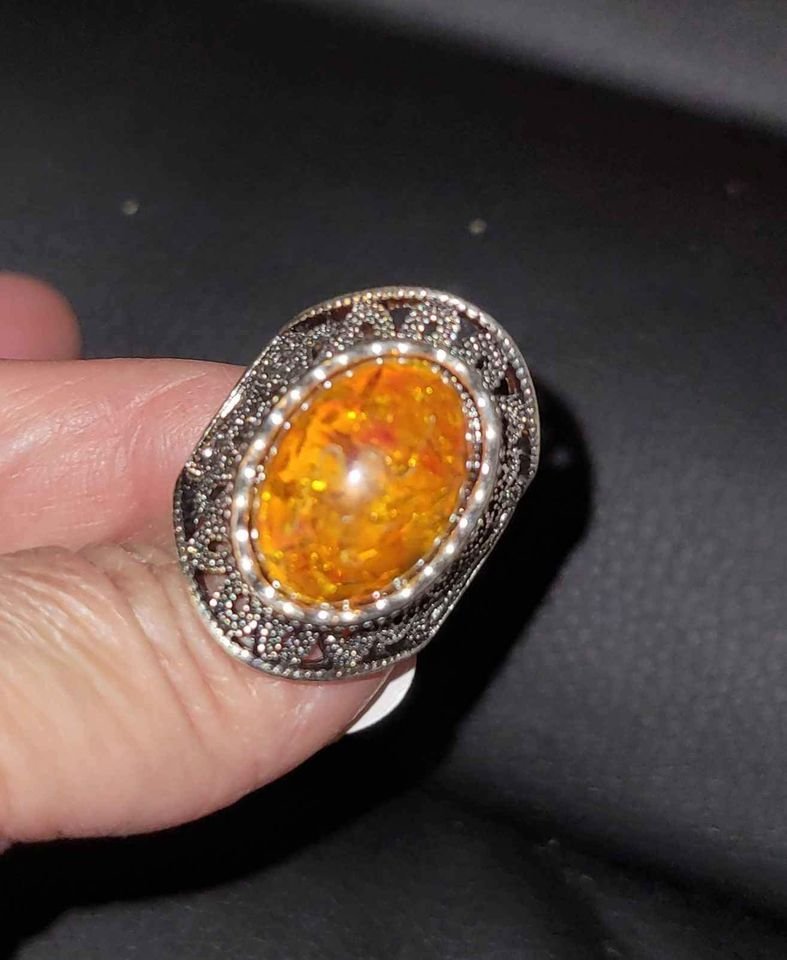 Big Oval Orange Amber Vintage Antique Silver Ring