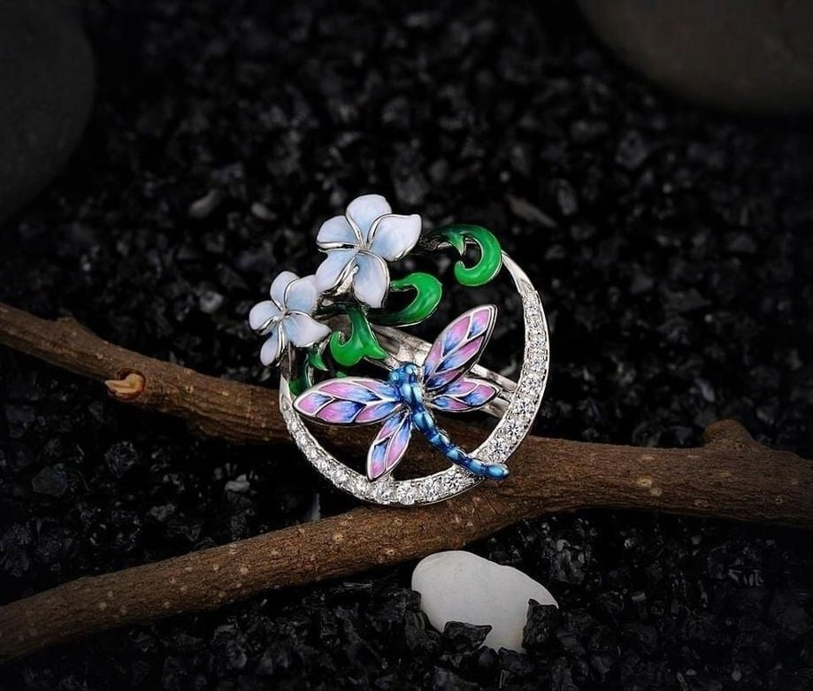 Sterling Silver Handmade Enamel Dragonfly Flower Ring