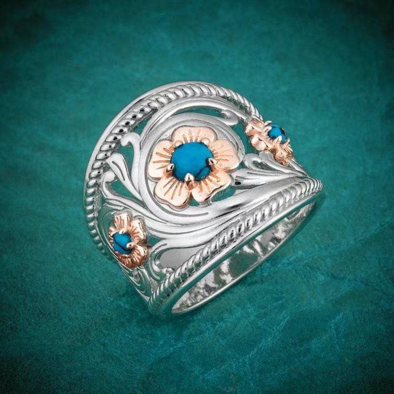 Vintage Handmade Turquoise Floral Blue Opal Hollow Silver Ring