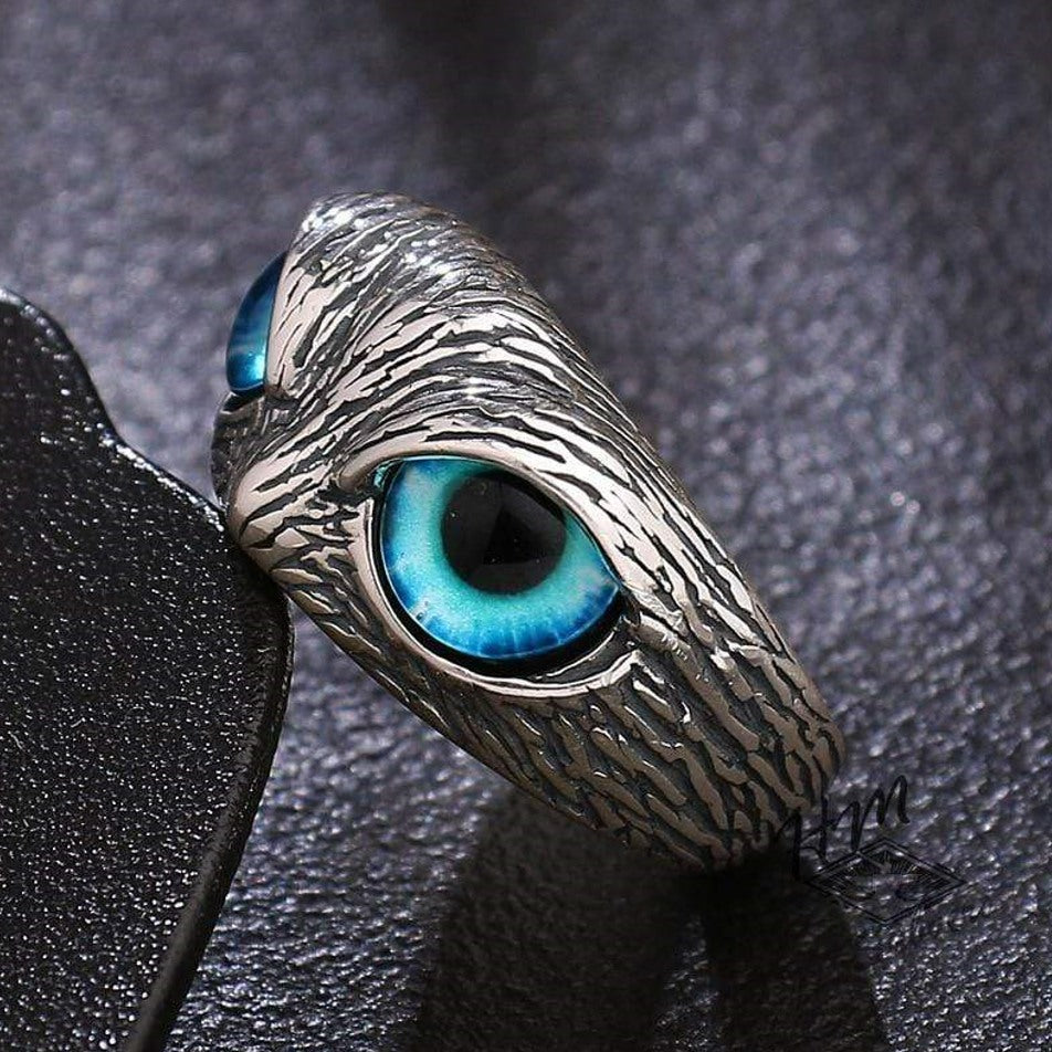 Glaring Nighthawk Eye Carved Silver Open Ring