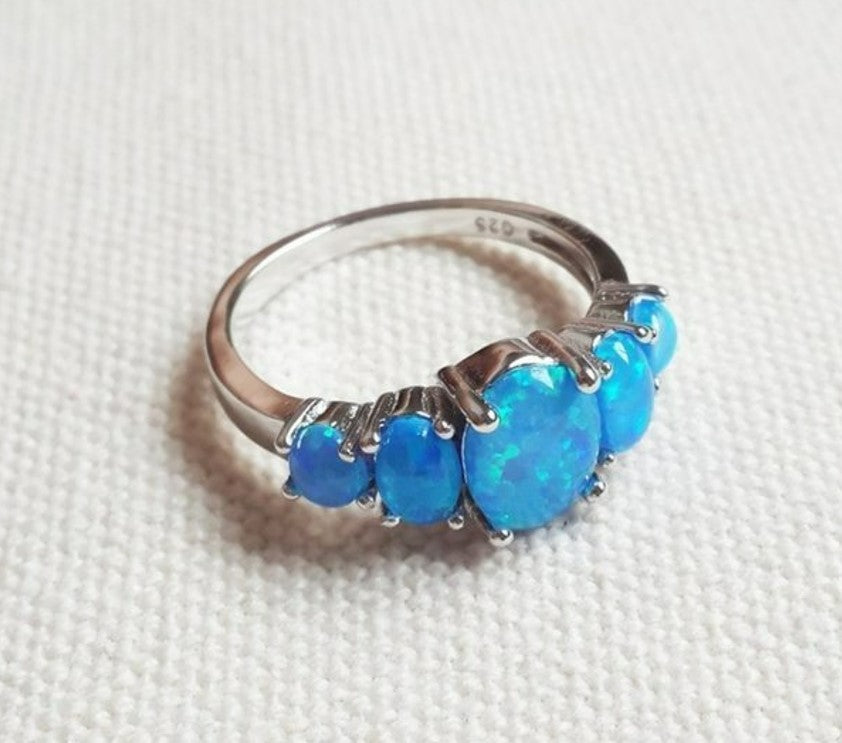 5 Blue Fire Opal Silver Cluster Multi-Stone Ring