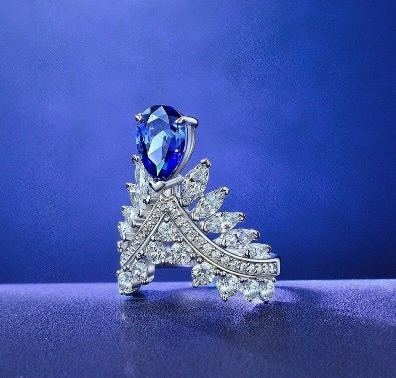 Blue Sapphire Pear Cut Crown Unique Silver Ring